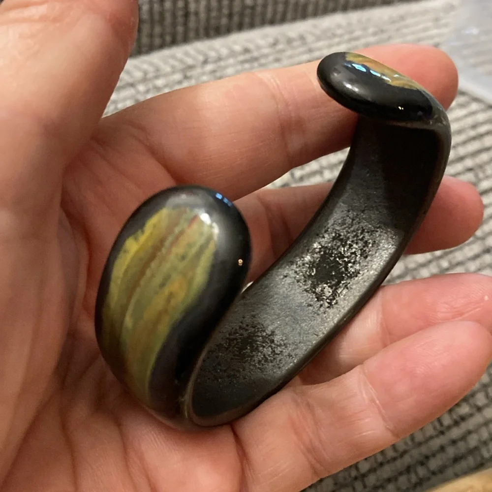 glass bangle bracelet black yellow abstract design